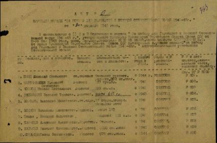 Акт №6 о вручении  медали &quot; За  Победу над  Германией в ВОВ 1941-45гг.&quot; от 30.12.1945г. (  в  списке  под номером 18)