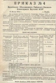 Приказ о призыве от 15.07.1942 г. Вилюйским РВК, с.Нюрба