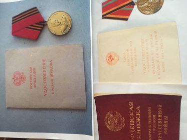 удостоверения к медали Жукова, орденская книжка награжденного орденом Отечественной войны, удостоверение к юбилейным медалям.