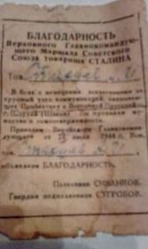 Благодарность Верховного Главнокомандующего Маршала Советского Союза Товарища Сталина