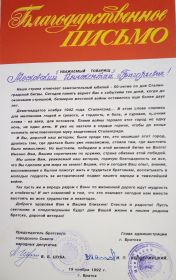 Благодарственное письмо от главы администрации г.Братска  И.П. Невмержицкого.