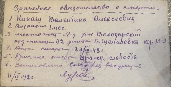 Свидетельство о смерти Кинаш Валентины Алексеевны