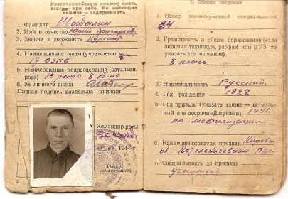 Красноармейская книжка Шабалина Юрия Григорьевича. 1941 год.