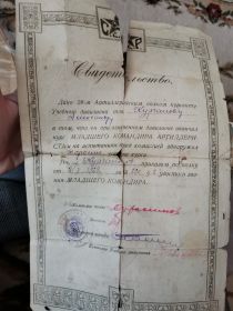 Свидетельство о окончании курса младшего командира артиллериста 1928года