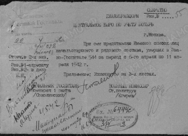 Копия донесения о безвозвратных потерях от 22.04.1942 г. в ЭГ 544 в период с 06.04 по 11.04.1942 г.