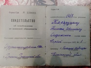 Свидетельство об освобождении от воинской обязанности стр.1