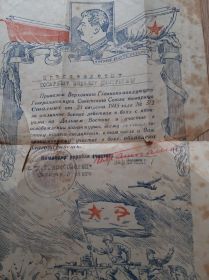 Благодарность за отличные боевые действия в боях с японцами на Дальнем Востоке и участии в освобождении Маньчжурии