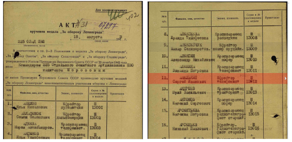 Приказ о награждении № 31 от 18.08.1943 г.