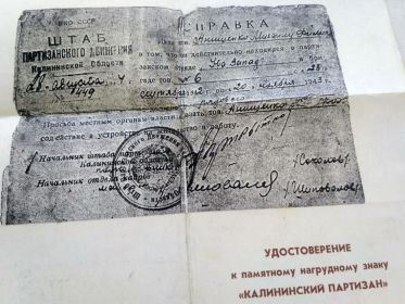 Удостоверение к  памятному наградному Знаку