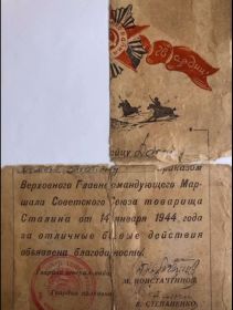 «Благодарность за отличные боевые действия» Верховного Главкома Советского Союза – И.Сталина - Приказом командира дивизии гвардии генерал-майором М. Константино...