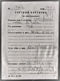 Военно-пересыльный пункт: ПРБ 36 ЗСД  Прибыл в часть: 15.02.1944  Воинская часть: Ленинградский ВПП  Выбытие из воинской части: 16.02.1944  Номер команды: 14/44...