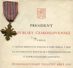 Свидетельство о награждении Чехословацким Военным крестом (Československý válečný kříž 1939—1945)