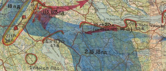 фрагмент карты боевых действий войск СевФ с 23.8.41 г. ЛенФ на Карельском перешейке