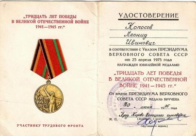 Юбилейная медаль «30 лет Победы в Великой Отечественной войне 1941-1945г.»,