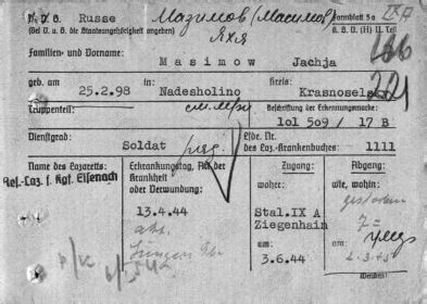 Личная картотека красноармейца Масимовы Яхьи Гусейн оглы, указана дата и год пленения, а также наименования лагерей (шталаги).