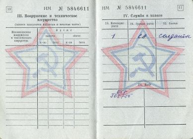 Военный билет - 10-11 страницы - вооружение и техническое имущество