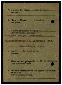 Документ о военнопленных Дата рождения: 05.08.1907 Место рождения: Коноваловка Воинское звание: рядовой Судьба: попал в плен Место пленения: Рогачев Лагерь: шталаг XX C (312), шталаг XX B, шт