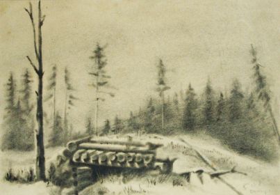 "Вход в блиндаж" (1945). Рисунок Р. П. Саусена.