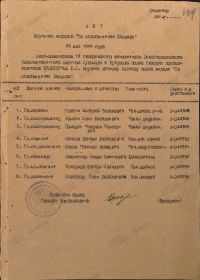 Акт вручения медалей "За освобождение Варшавы"  по 19 ГМП 25.05.46 г. (стр. 1)