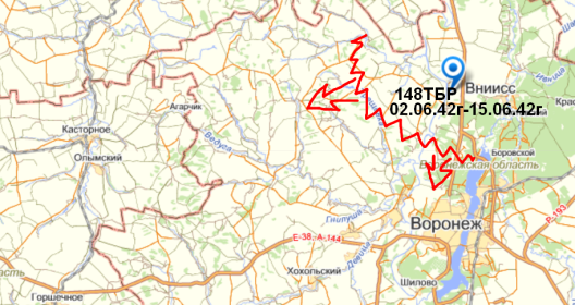 Карта боёв 148 ТБр под Воронежем июнь 1942г.