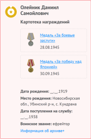 Архивный документ о боевых наградах Олейник Д.С.