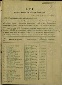 Первая страница акта о награждении медалью "За оборону Ленинграда"