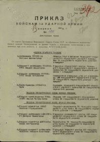 Фронтовой приказ №: 201 от 13.04.1943 г. Издан: ВС 1 УА Северо-Западного фронта