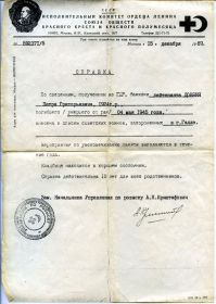 Справка о месте захоронения некоего лейтенанта П.Г. Довбня, 1924 г.р., умершего 04 мая 1945 г. (1987 г.)