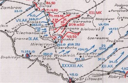 Немецкая карта, части Белостокского выступа, по состоянию на вечер 24.06.1941 года ( https://clck.ru/Wak4Q ).