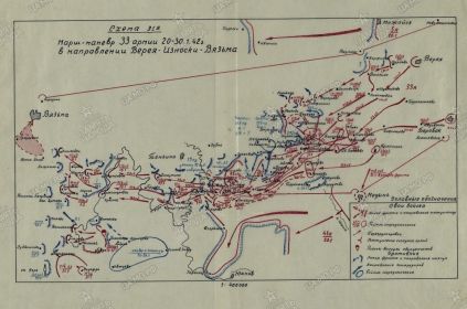 Схема марш-маневра 33-й Армии январь 1942 года в направлении Верея-Износки-Вязьма.