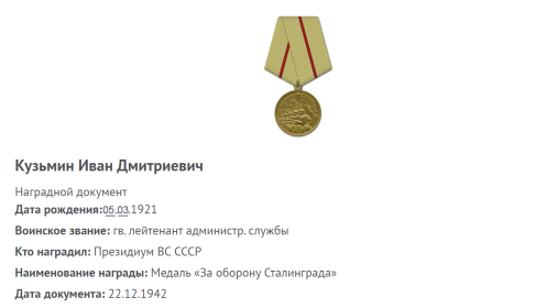 Наградной документ. Медаль "За оборону Сталинграда".