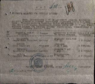 Строка в акте награждения медалью «За оборону Москвы» 12.12.1944