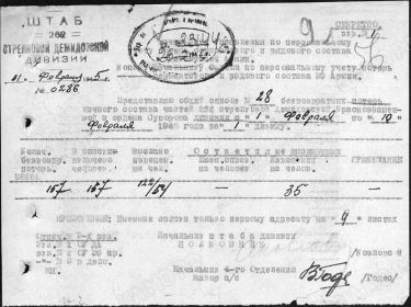 Именной список безвозвратных потерь 262 сд от 11.02.1945 (первая страница)