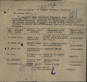 Акт вручения медали За оборону Советского Заполярья 30 апреля 1945