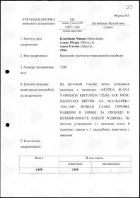 УЧЁТНАЯ КАРТОЧКА воинского захоронения: ЛАТВИЙСКАЯ РЕСПУБЛИКА: район Земгале, город республиканского подчинения Елгава, гарнизонное кладбище, по Баусскому шоссе, улица Миера 2.