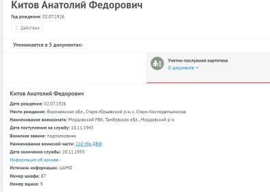 из учётно-послужной карточки