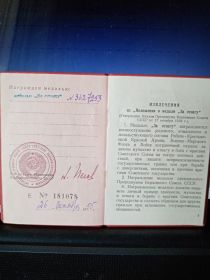 N3627253. Удостоверение к медали Е  N181078 от 26.10.1955 г.  Указом Президиума ВС СССР от 17.10.1938г. Награда была похищена