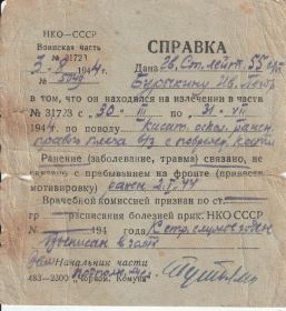 Справка о ранении 1944 год