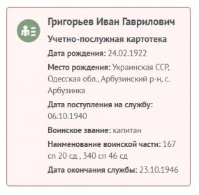 Григорьев Иван Гаврилович, учетно-послужная картотека.