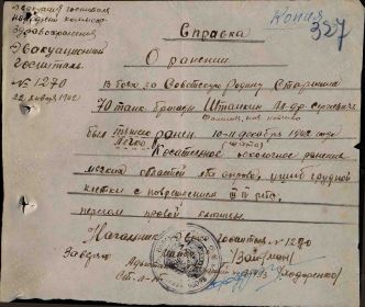 Справка о ранении, размещен в ИС «Память народа», созданной Департаментом Министерства обороны Российской Федерации: https://pamyat-naroda.ru/