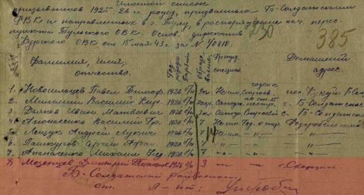 Именной список призывников Б-Солдатским РВК направленных в г.Тула, май 1943 г.