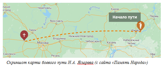Скриншот карты боевого пути Н.А. Ясырева (с сайта «Память Народа»)