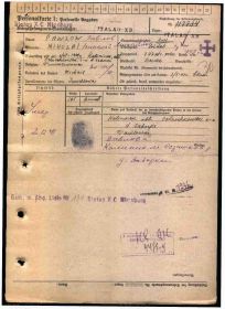 Личная карточка военнопленного, оформленная на Н. М. Павлова (лицевая сторона)