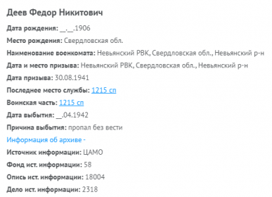 сведения с сайта ОБД Мемориал