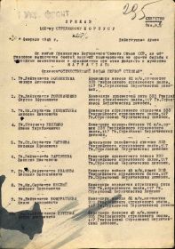 Приказ по 102 стрелковому корпусу о награждении от 20  февраля 1945 г.  Орден Отечесвенной войны II степени. Косуля Петр Илларионович.  Первая страница приказа
