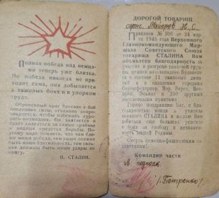 Благодарность за участие в разгроме танковой группы немцев юго-западнее Будапештав составе 11 танковых дивизий и в овладении городами Секешфехерван, Мор, Зирез, Веспрем, Эньинг и 350 другими