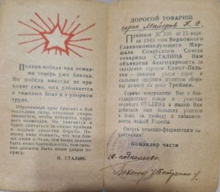 Благодарность за овладение городом Санкт-Пельтен