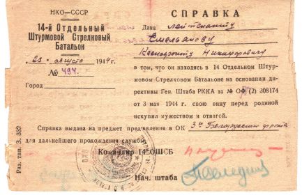 Справка об искуплении вины перед Родиной мужеством и отвагой