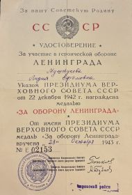 Удостоверение награжденного медалью "За оборону Ленинграда"