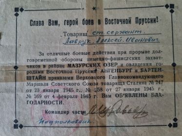 Благодарность за отличные боевые действия при прорыве долговременной обороны в районе Мазурских Озер и взятие городов Ангенбург и Бартенштайн